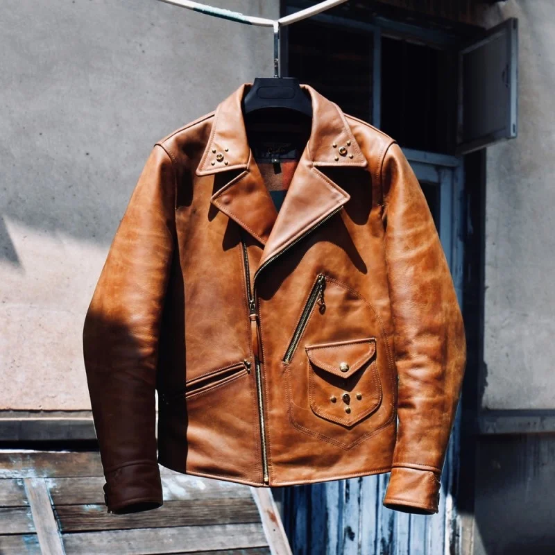 

Men Vintage 100% Cowhide Leather Jacket New Diamonds Rivets Moto Biker Windbreaker Coat Autumn Winter Man Genuine Leather Jacket