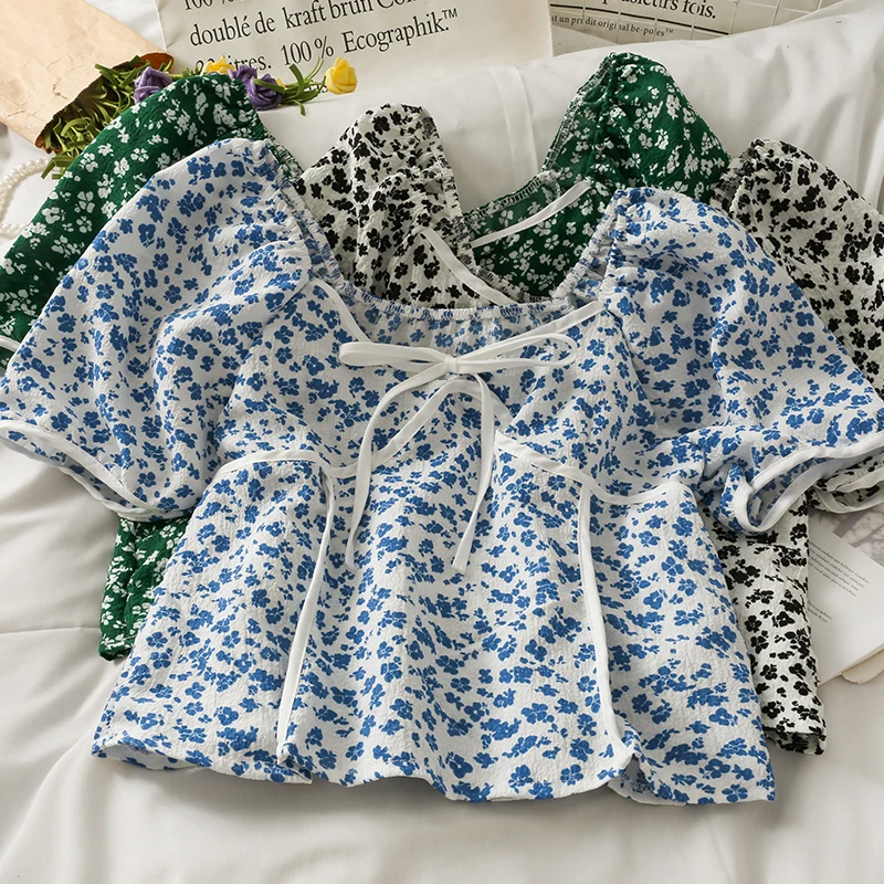 

Женская Повседневная Блузка с коротким рукавом и цветочным принтом