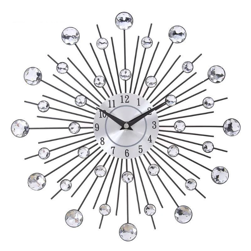 

Crystal Sunburst Metal Wall Clock Original Vintage Silver Metal Home Decor Wall Clocks Crystal Iron Diamond-Studded Wall Clock