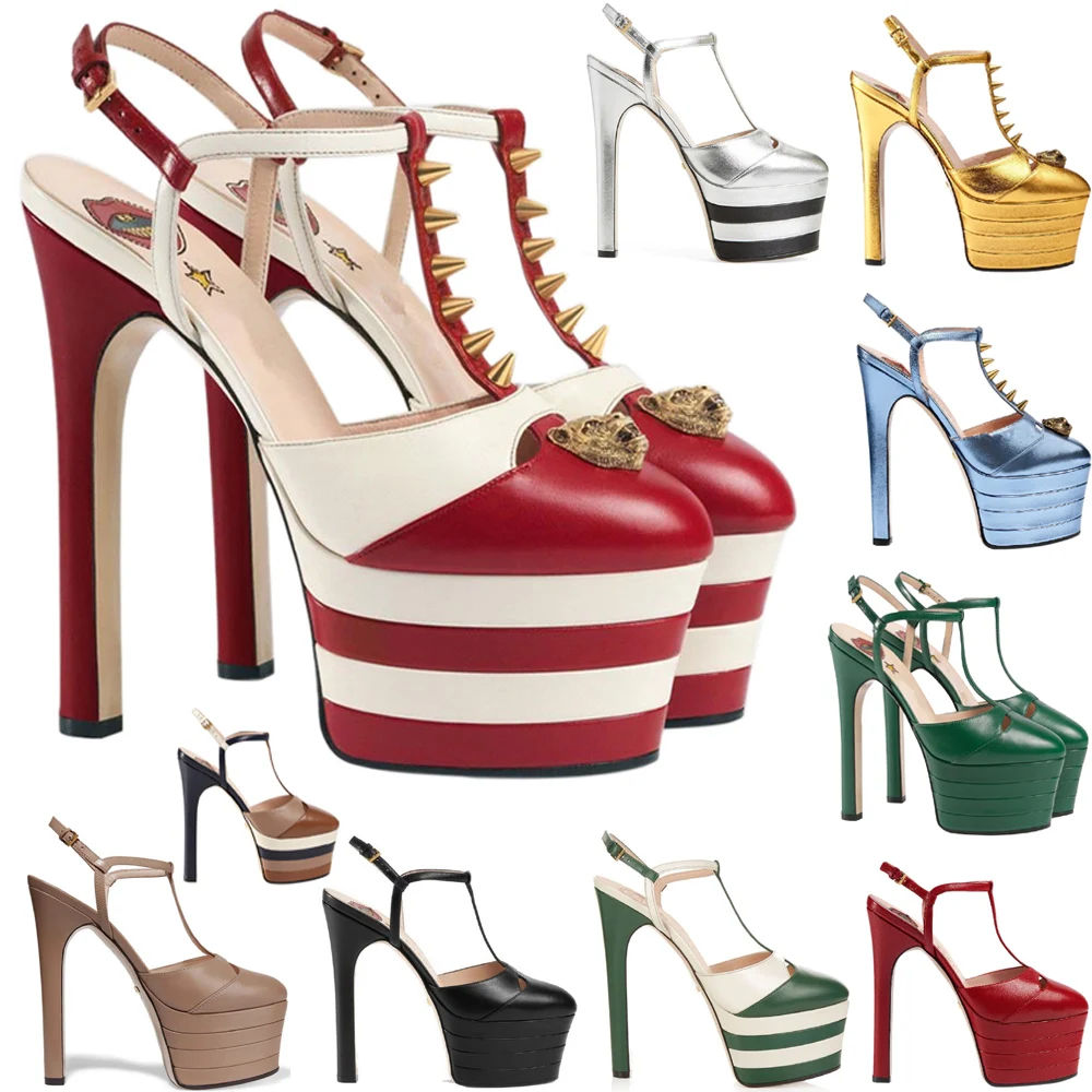 

Women Chunky High Heels T Strap Rivet Sandals Sexy Round Toe Evening Party Shoe Platform Popular Ball Summer Lady Sandals D-SL-2