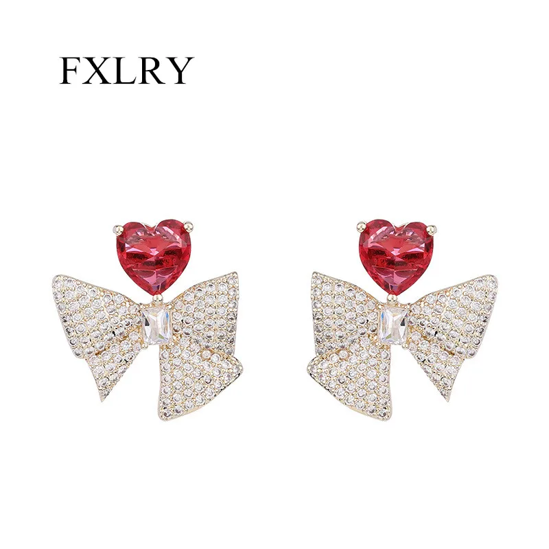 

FXLRY High Quality Micro Pave Cubic Zircon Sweet Love Bowknot Stud Earring For Women Party Jewelry