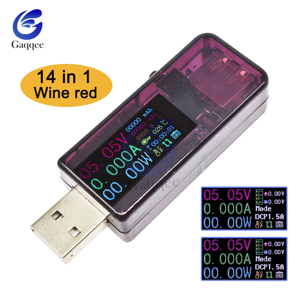 14 in 1 Wine red USB Тестер DC Цифровой вольтметр Amperimetro измеритель напряжения тока детектор power Bank индикатор зарядного устройства/нагрузочный резистор/разъем - Цвет: 14 in 1 Wine red