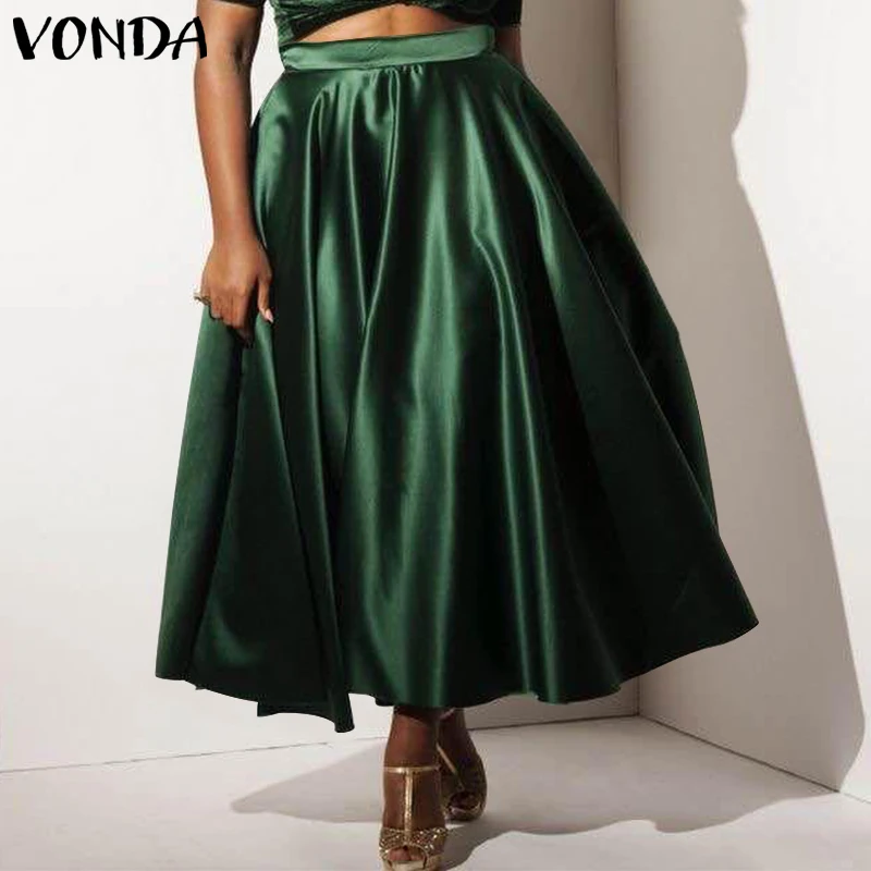 

2021 атласные юбки VONDA для женщин, элегантная винтажная юбка А-силуэта с высокой талией, офисные женские сексуальные длинные юбки для вечерние...