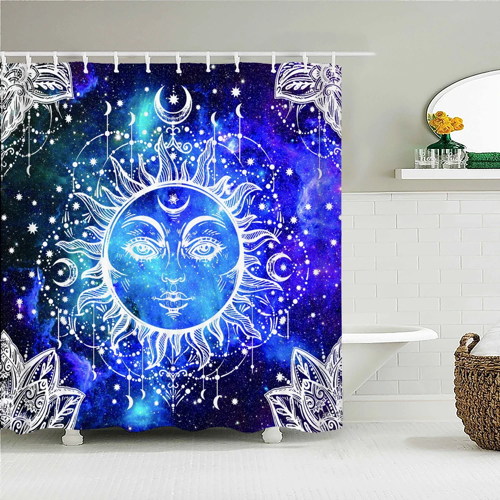 

White Black Sun Moon Mandala Printed Fabric Shower Curtains Retro Bath Screen Waterproof Products Bathroom Wall Decor with Hooks