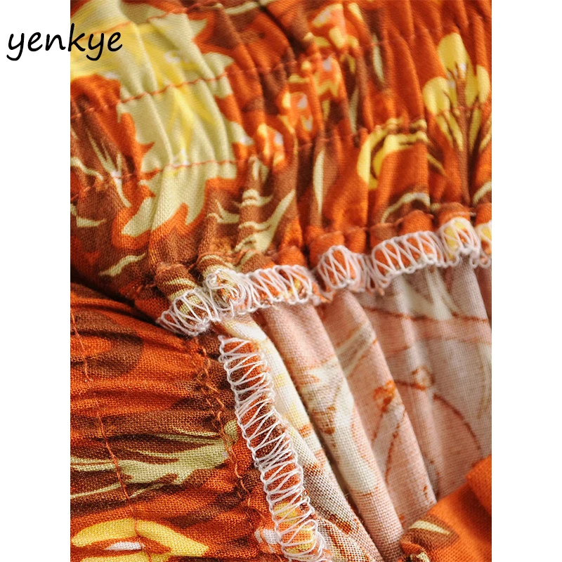 

Orange Floral Print Ruffle Skirt Women Elastic High Waist Holiday Boho Skirt Lady Summer Long Skirt DWDD83129