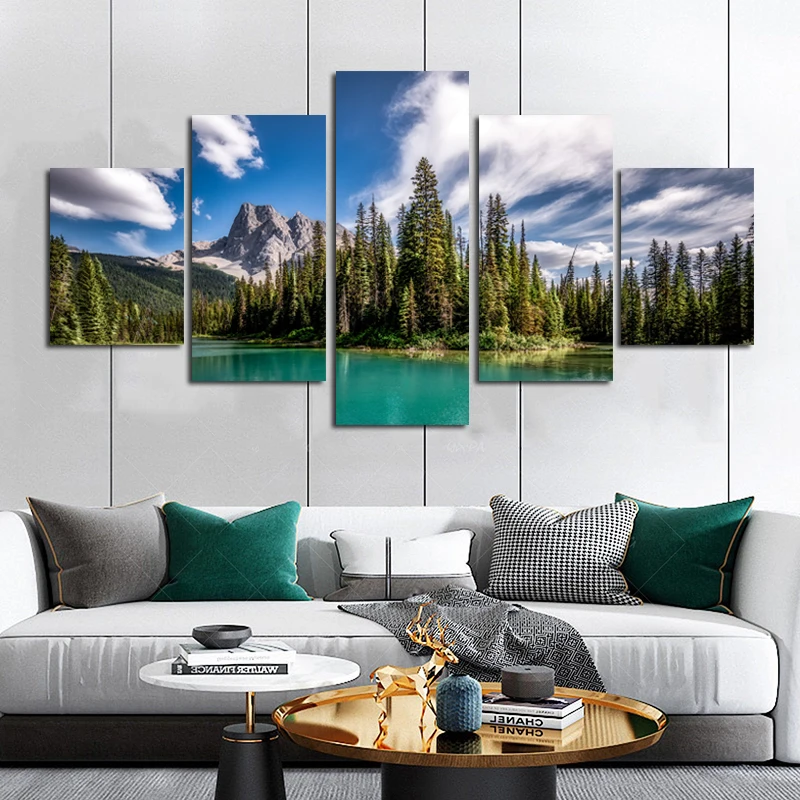 

5 Pieces Mountain Lake Poster Canvas Painting Home Decor Wall Art Pictures For Living Room Sky Clouds Tree Indoor Decorations