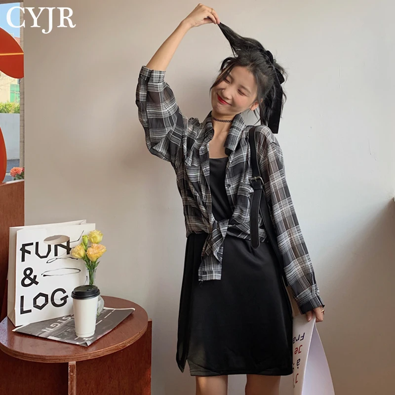 

2021 New Summer Autumn Casual Two Piece Set Long Sleeve Plaid Grey Overcoats Spaghetti Strap Slim Black Solid Dress