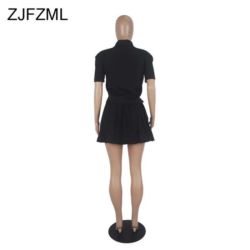 

Letter Print Sexy 2 Piece Matching Sets Women Turn Down Collar Short Sleeve Crop Top And High Waist Pleated Mini Skirts Outfits