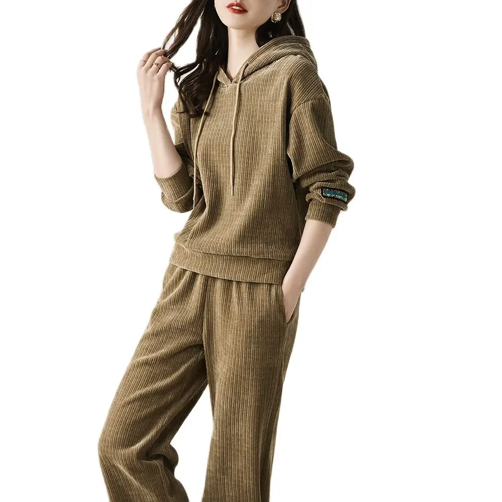

Casual sports suit 2022 autumn and winter retro hooded sweater + straight pants two-piece fashion women's clothing