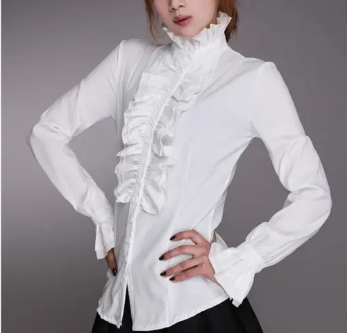 Blusa victoriana con volantes para mujer, camisa blanca con cuello alto y puños con volantes, para oficina y negocios