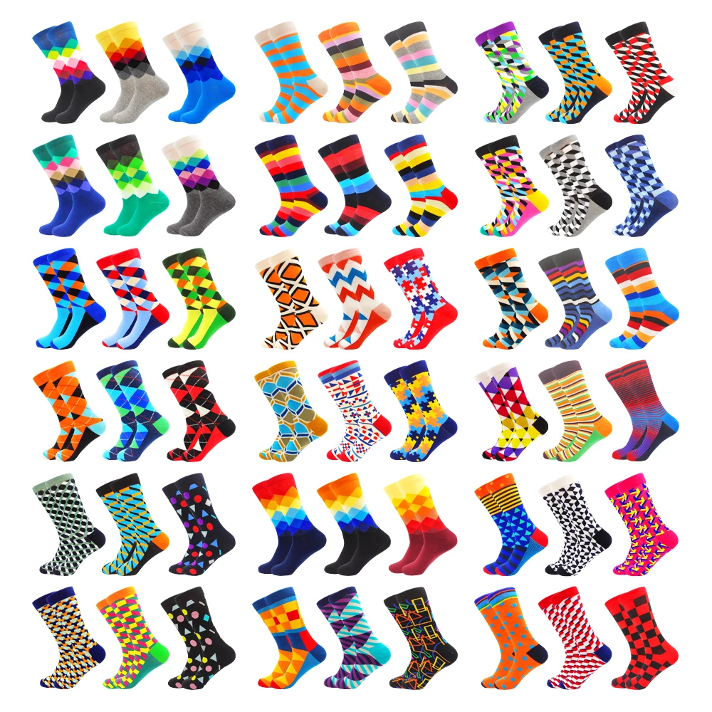 

6 Pairs Happy Fashion Harajuku Women and Men Combed Cotton Socks Stripe Grid Geometry Casual Funny Socks