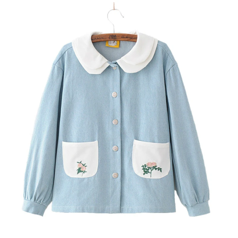 

MERRY PRETTY Autumn Floral Embroidery Jeans Jacket Women Single Breasted Long Sleeve Preppy Style Cute Sweet Denim Jacket Girls