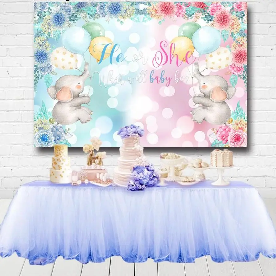 

Gender Reveal Party Backdrops Balloons Elephant Flowers Twins Baby Shower Birthday Party Photography Backgrounds