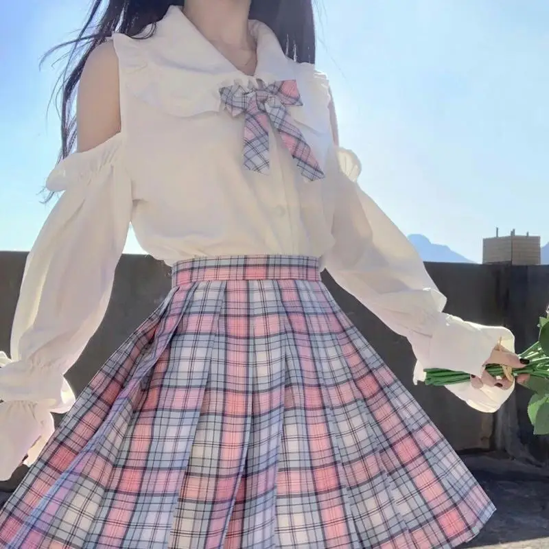 

Japanese Kawaii JK Uniform Shoulder Off Women Summer Top Casual Cute Lace Long Sleeve Baby Collar Solid Shirt For Teen Girls