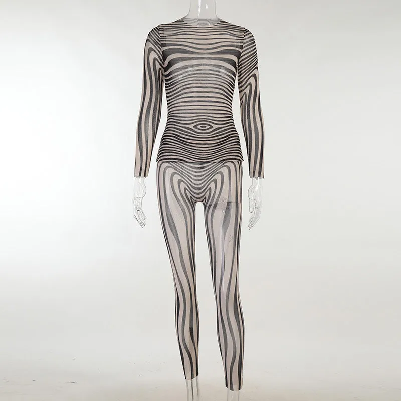 2022 Autumn Mesh Zebra Striped Sets Women 2 Piece Suit T-shirt + Long Pants See-through Sexy Co-ord Set Female Tracksuit Costume images - 6