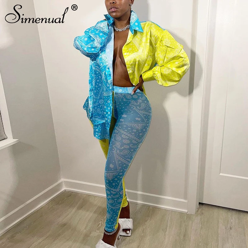 

Simenual Bandana Patchwork Baddie Outfits Satin Blouse And Mesh Leggins Two Piece Set Long Sleeve Fall 2021 Casual Co-ord Sets