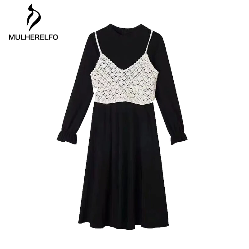 

Autumn Black 2-piece Elegant women Dress High Waist Round Neck Long Sleeve Dress Soft slim Japanese Sweet Sling Women's Dresses