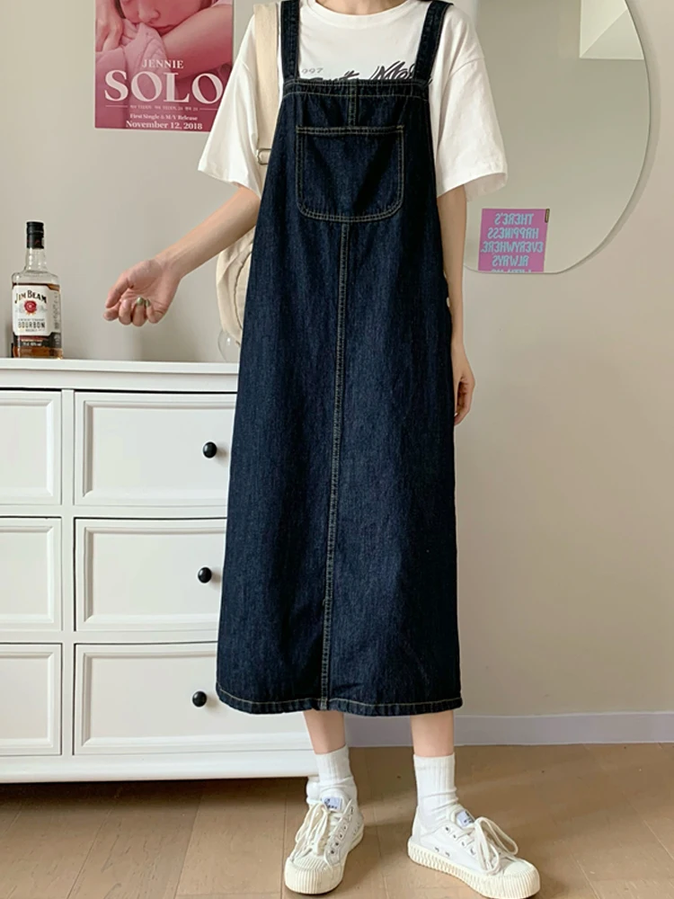 

Женское джинсовое платье с карманами Four Seasos, винтажное платье-карго в студенческом стиле, универсальный модный сарафан на бретелях с больши...