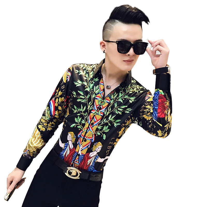 

2019 Men Shirt Luxury Royal Print Shirts Designer Long Sleeve Dress Shirts Casual Slim Fit Night Club Party Social Shirt Camisa