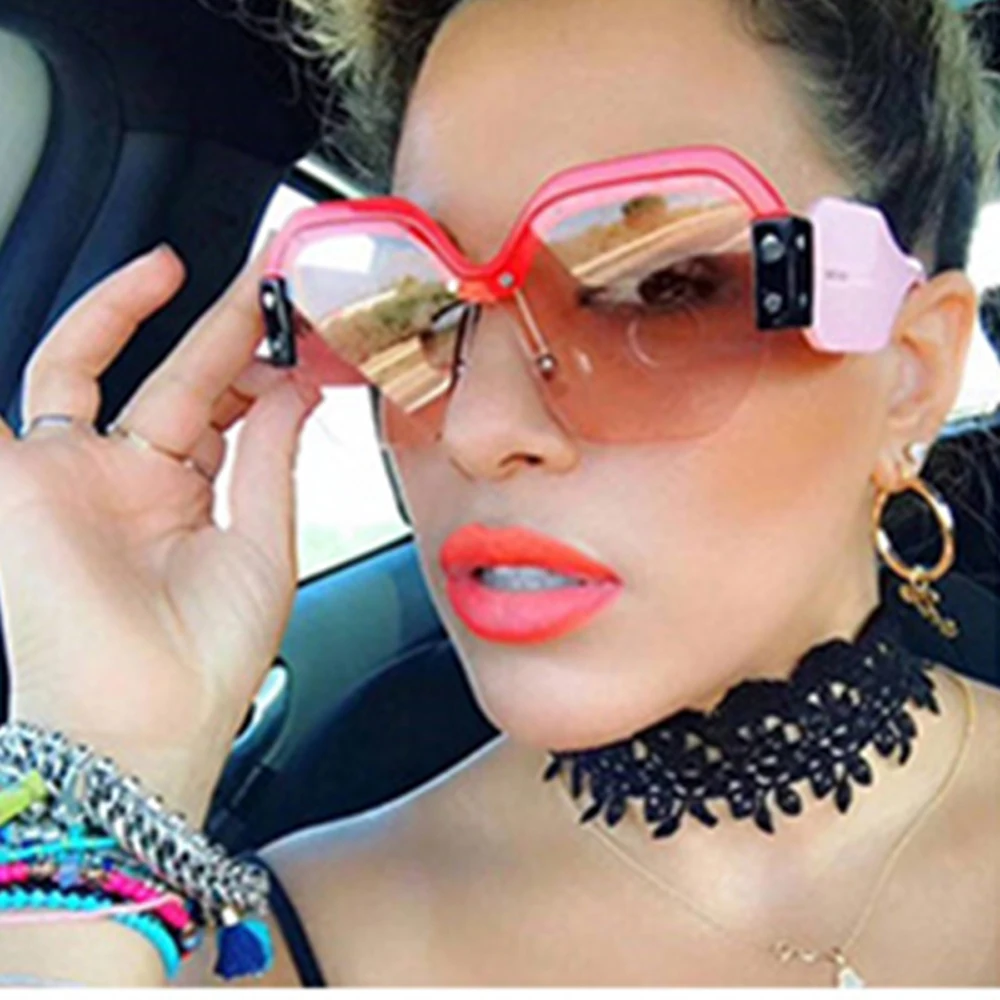 Sexy Rimless Oversized Sunglasses Women Vintage 2022 Red Pink Luxury Brand Sun Glasses For Female Rivet Big Frame Male Shades