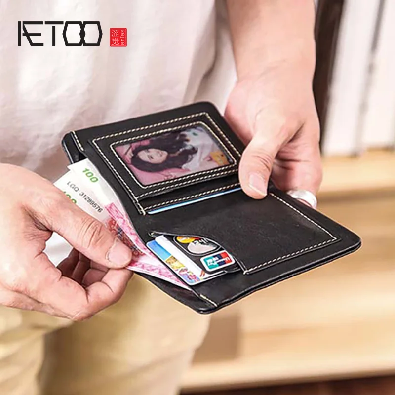 Кожаный кошелек AETOO мужской новый тренд короткий зажим для денег ручной работы