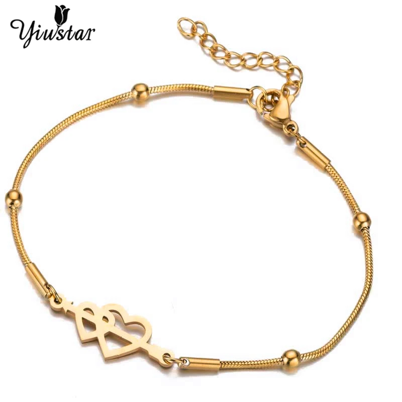 Yiustar Lover Двойные Браслеты с сердечками очаровательный браслет из нержавеющей