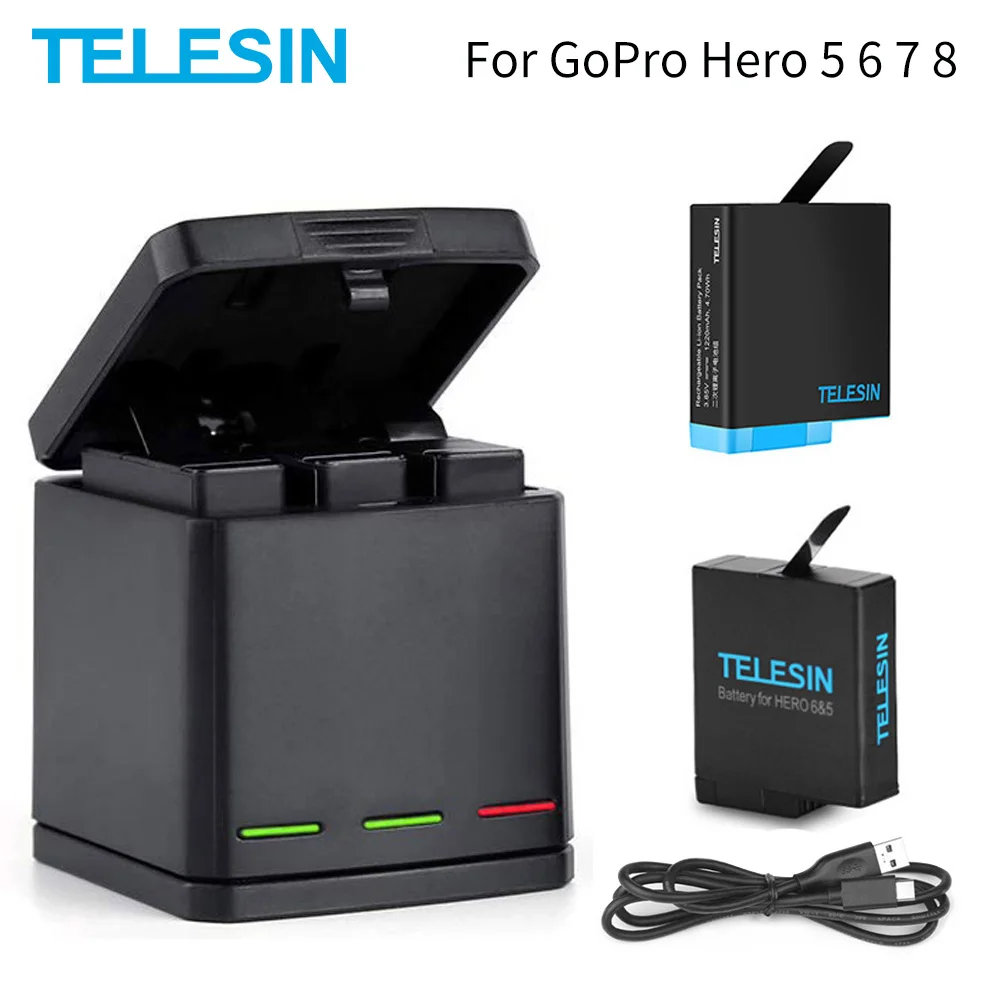 

TELESIN 3 Pack Battery For Hero 8 Black 3 Slots Battery Charger LED Storage Box for GoPro Hero 8 7 6 5 Black Camera Accessories