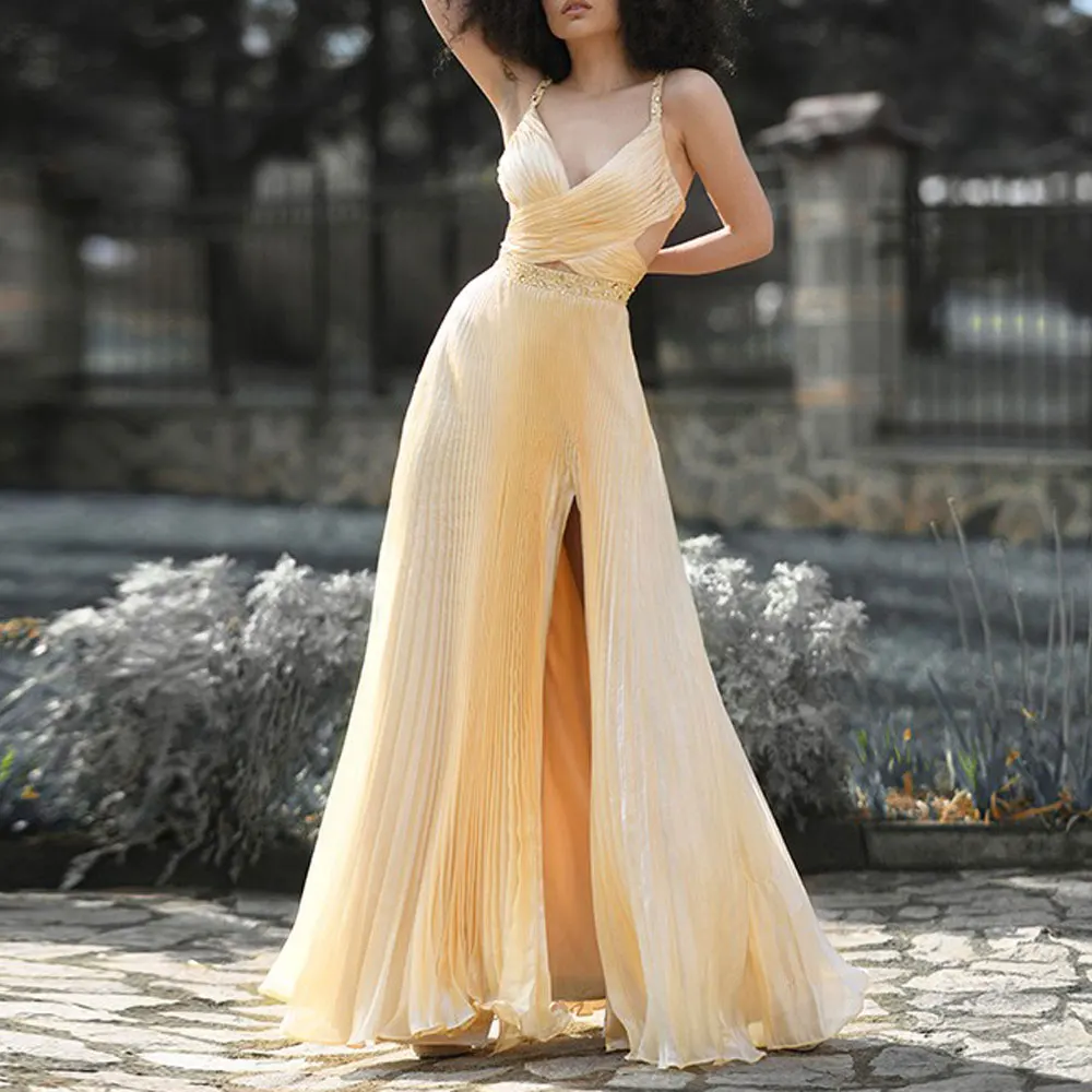 

Party Gowns Spaghetti strap A-line Chiffon Sweep/Brush Front/Side Slit Sleeveless Fold\Ruffle Beading Evening Dresses Fashion