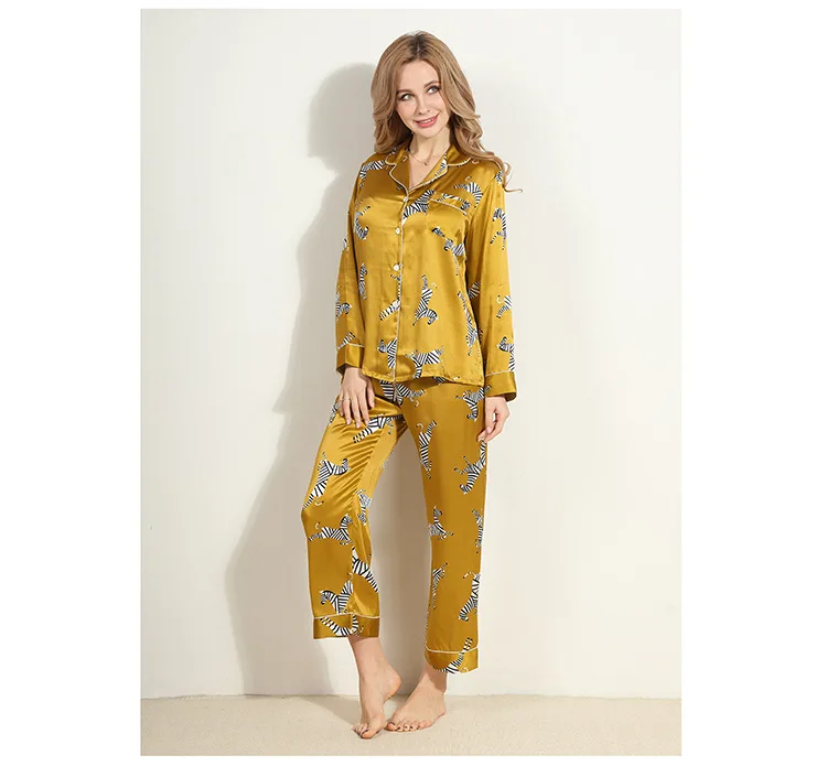 Womens Silk Satin Pajamas Pants Blouse Zebra Printing Pajamas Single Breasted V-neck Shirt Long Sleeve Sleepwear Silk Nightwear