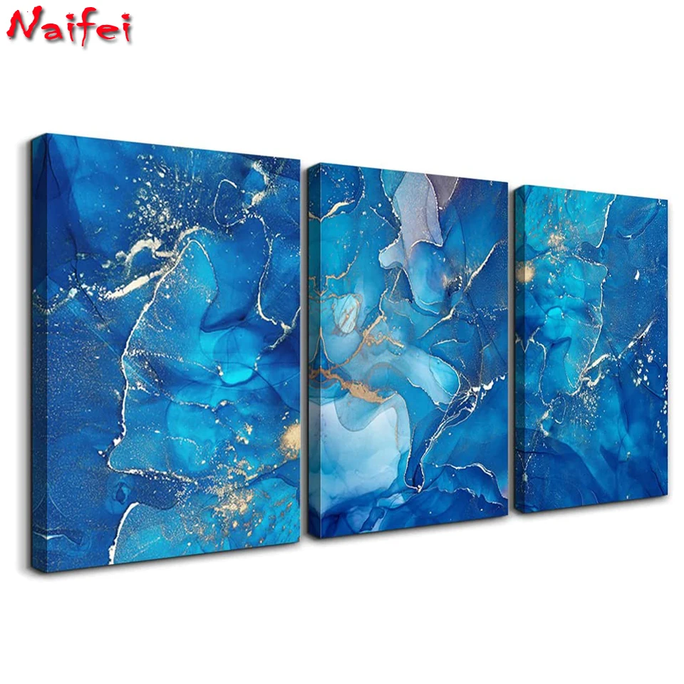 

5D Diamond Painting 3 pieces of Blue Abstract wave Golden Line Picture Home Decoration Full Drill Embroidery Handicraft Art Kits