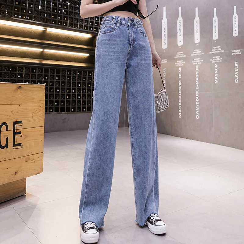 

Интернет штаны как у знаменитостей Для женщин корейско-Стиль прямые свободные пояс для похудения высокого Сюань Ya оборки пол широкие джинс...