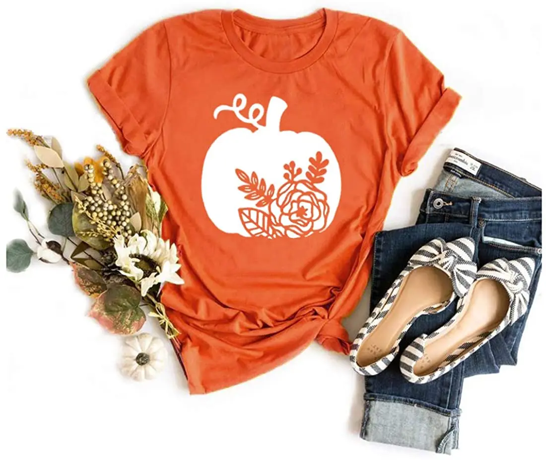 

Womens Thankful Grateful and Blessed Tee Fall Pumpkin Cute T Shirt Thanksgiving Gift Shirts Thankful Vacation Blouse Tops