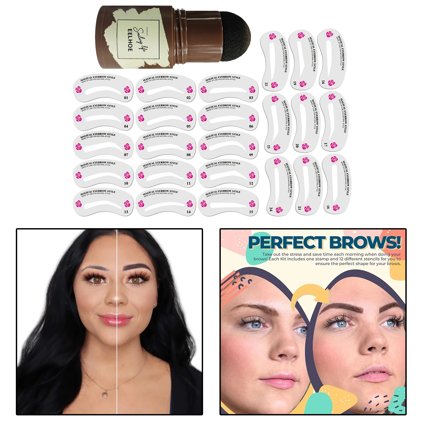 

Waterproof Eyebrow Powder Stamp Kit Makeup Seal w/ 24 Reusable Eyebrow Stencils Tools Eyebrow Tint Lasting Natural Eyebrow Stamp