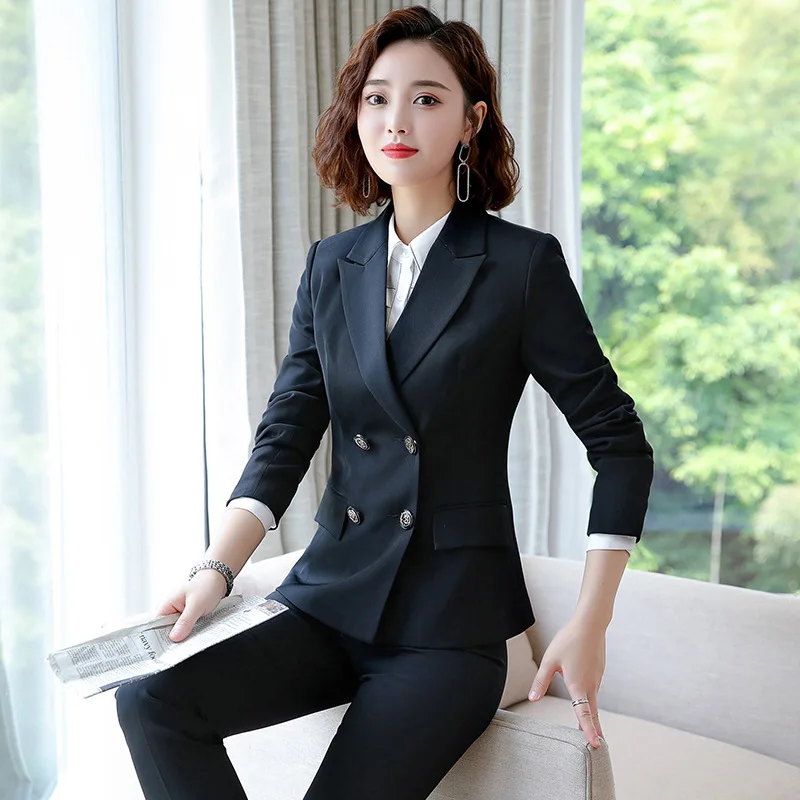 black coat and pant IZICFLY стиль осень деловые брюки набор Униформа для женщин офисные элегантные деловые брюки костюмы для женщин Рабочая одежда плюс размер - Цвет: black coat and pant
