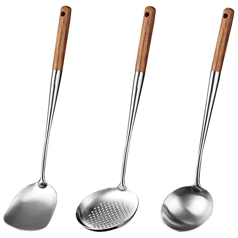 Wok Spatula and Ladle,Skimmer Ladle Tool Set, 17Inches Spatula for Wok, 304 Stainless Steel Wok Spatula Promotion