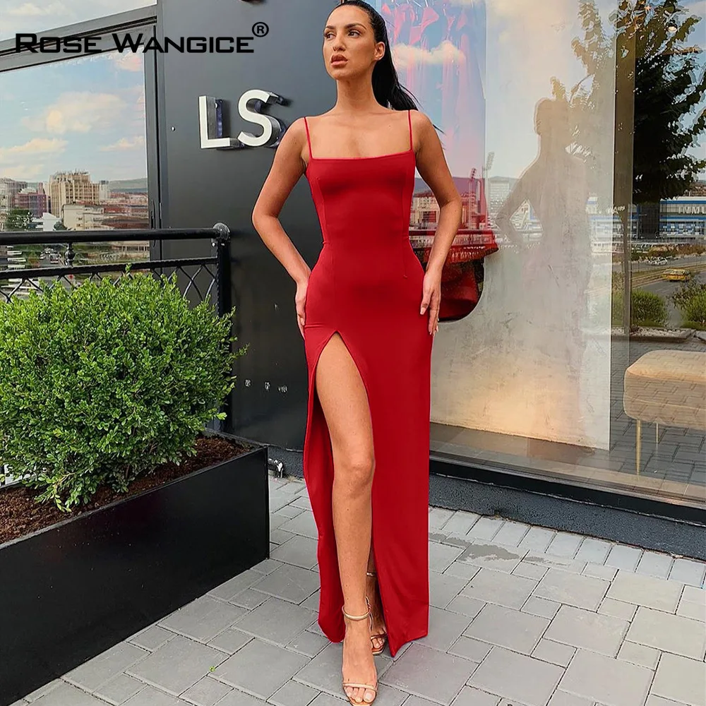

Summer Women Spaghetti Strap Party Dress Sexy Split Solid Slim Lady Ankle Fashion Length Vintage Wear Dresses New