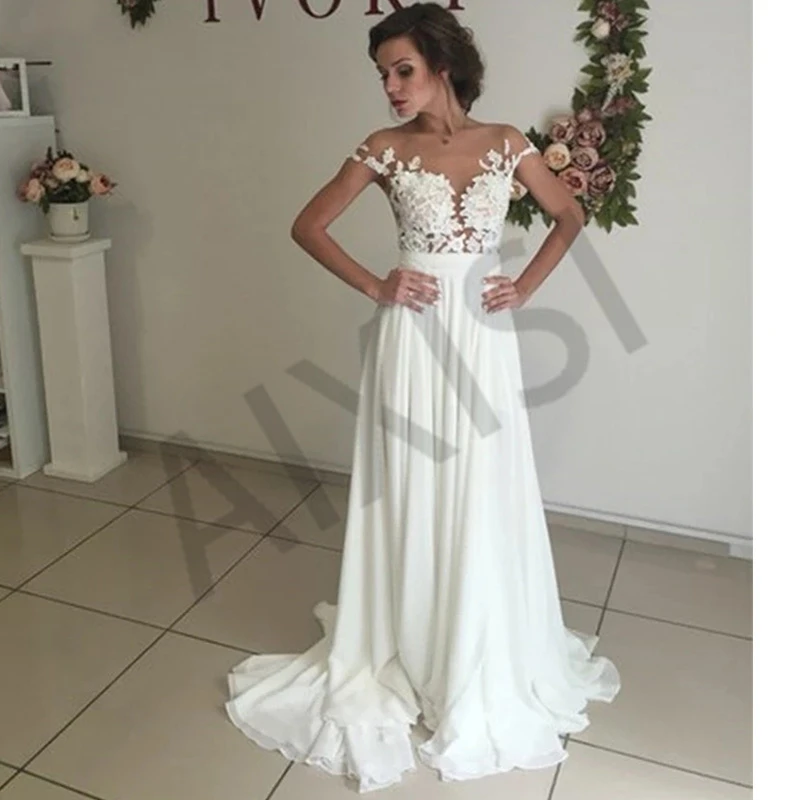 

Jasmine Wedding Dress No Bra Illusion O Neck Short Sleeve Simple Bride Vestido Appliques Slit Chiffon Pure Love Robe de mariée