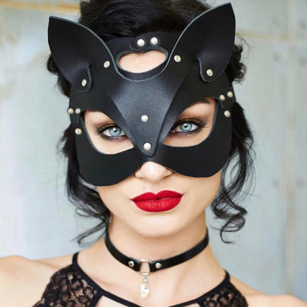 

Women Sexy Cosplay Bunny Cat Ears Leather Masks Harness Punk Fetish Black Masks Halloween Masquerade Carnival Party Cosplay