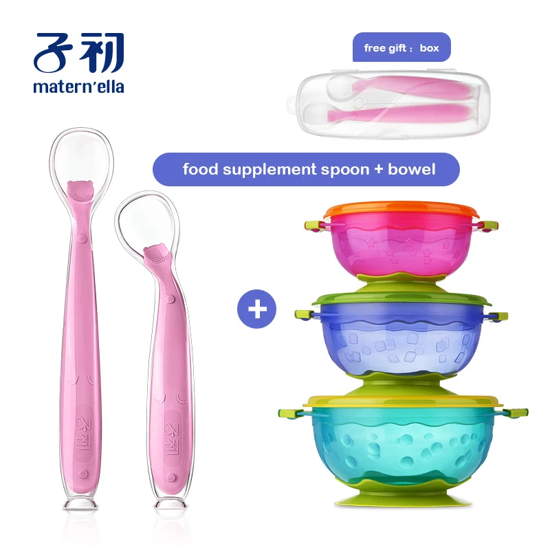 spoon bowel Matern'ella, 2 шт.+ коробка, Детские Силиконовые ложки, посуда для кормления, посуда для детей, столовые приборы, силиконовая ложка - Цвет: spoon bowel
