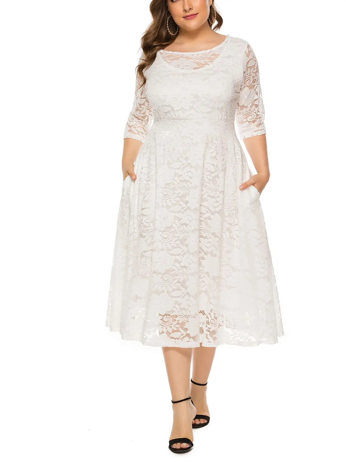 

Кружевное женское платье большого размера, платье длиной до середины икры с карманами для вечеринки, платья для праздника, для всей семьи