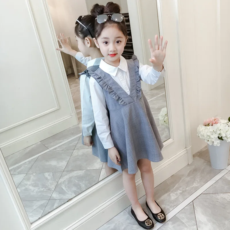 Kids Dress For Girls Plaid Patchwork Fake 2 Pcs Clothes Spring Autumn Long Sleeve Party | Детская одежда и обувь