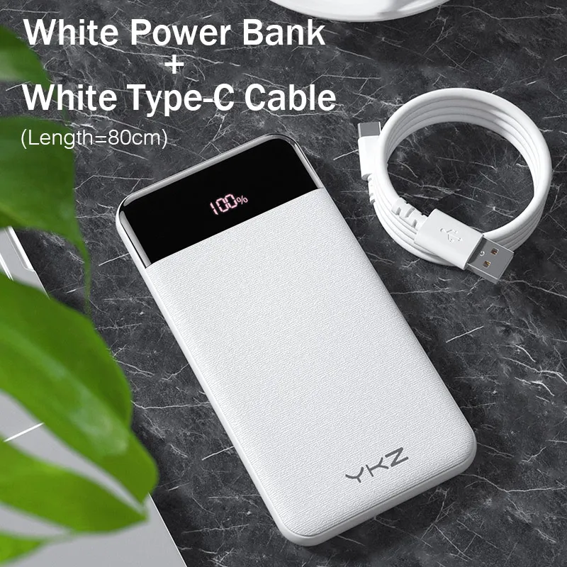 YKZ QC 3,0 внешний аккумулятор 10000 мАч светодиодный портативный аккумулятор PD Быстрая зарядка 12 В внешний аккумулятор для iPhone Xiaomi Mi с USB - Цвет: White with Cable