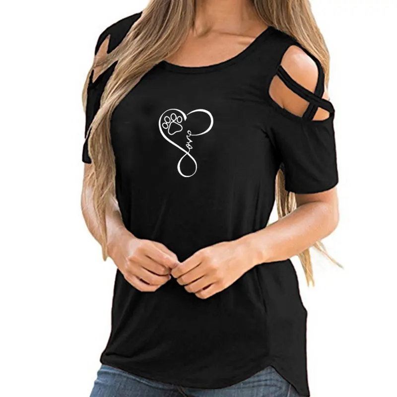 

Cute Dog Paw Unique Classical Letter Font Love Printed Shoulder Short Sleeve T-Shirts Round Neck Summer Tops Women Funny Graphic