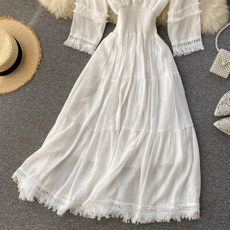 

Spring Summer Vintage White Hollow Out Tassel Party Dress Women Elegant V-Neck Vacation Beach Vestidos Fashion New 2021 Female