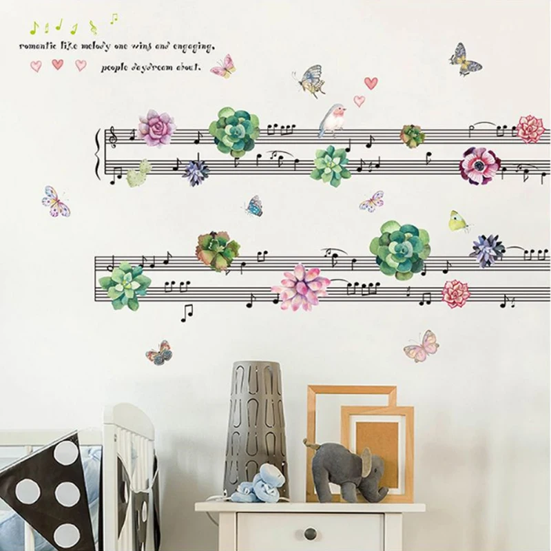 Настенные Стикеры с изображением пианино-ключа и цветов для детской комнаты