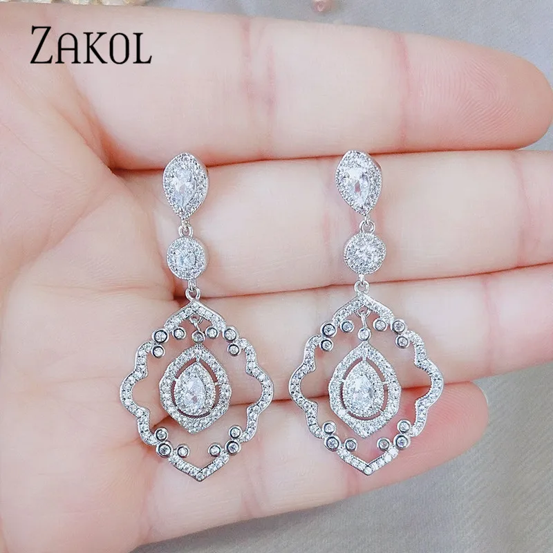 ZAKOL новые винтажные большие блестящие серьги-капли с фианитами для женщин, роскошные свадебные украшения, большие серьги FSEP2217