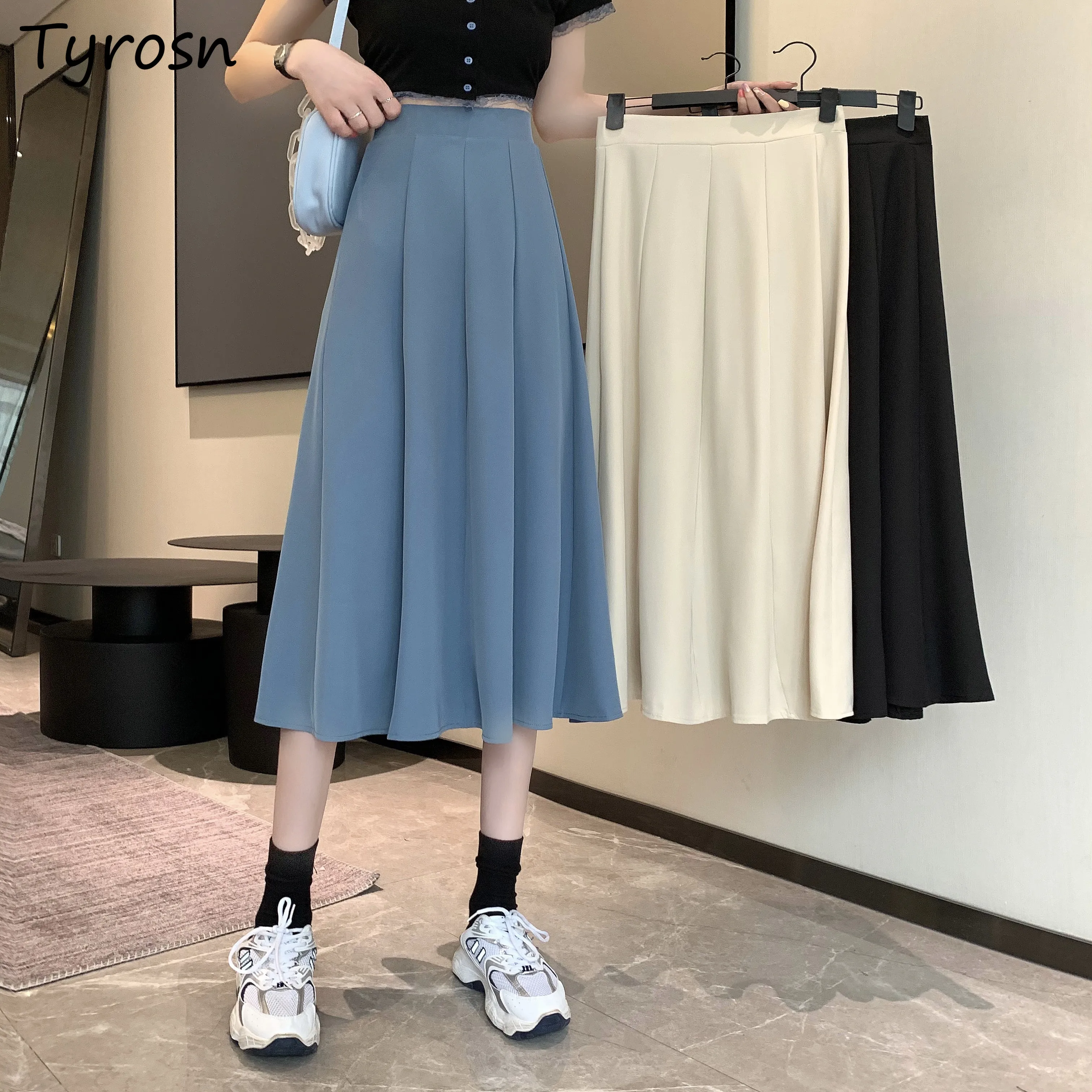 

Women Solid Mid-calf Skirts Draped Cozy Empire Waist Ulzzang Retro Sweet Elegant Lady Folds Mujer Streetwear Chic Leisure Tender