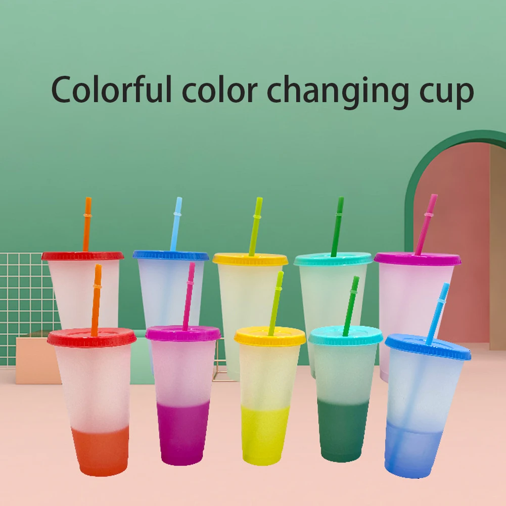 

5PCS Magical Color Changing Creative Cup Tumbler Reusable Plastic Variable Color Coffee Cup With Cover And Straw Water Cup