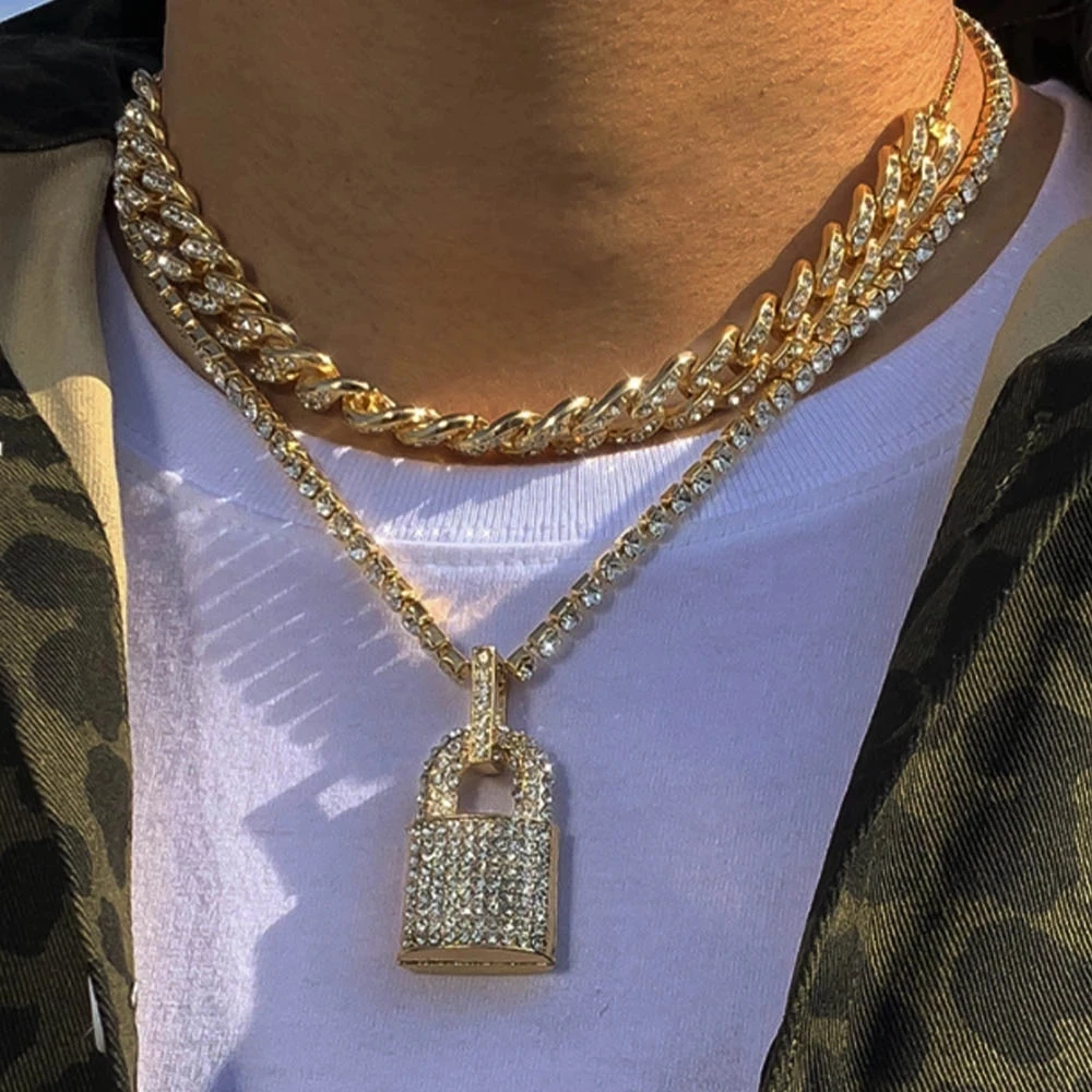 

Iced Out Crystal Chunky Lock Pendant Necklaces for Men Gold Silver Color Cuban Link Chain Choker Necklace Hip Hop Rock Jewelry