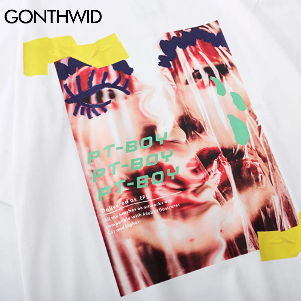 

GONTHWID Tees Shirts Streetwear Casual Men Creative Painting Girl Print Short Sleeve Cotton T-Shirts Hip Hop Harajuku Loose Tops